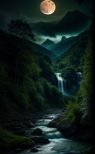 at night, beautiful waterfall between mountains, torrent of falling water, fantasy atmosphere, green environment, river, moonlit, good lighting, photorealistic image, masterpiece, high quality, sharp focus