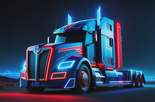 photorealistic image, masterpiece, high quality 8K, of a futuristic science fiction fantasy ((Optimus Prime long truck)), Tron legacy, blue and red neon lights, good lighting, at night, sharp focus