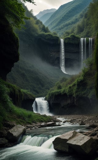 at day, beautiful waterfall between mountains, torrent of falling water, fantasy atmosphere, green environment, river, good lighting, photorealistic image, masterpiece, high quality, sharp focus