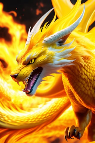 
8K photorealistic image of a bright yellow angelic dragon, ((yellow cat hair)), long body, dragon head, ((nine cat tails)), ((bird wings)), in mid-flight breathing fire mouth