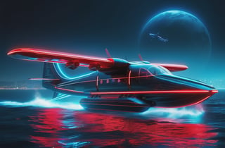 photorealistic image, masterpiece, high quality 8K, of a futuristic science fiction fantasy super long seaplane, Tron legacy, blue and red neon lights, good lighting, sailing through the sea, at night, sharp focus