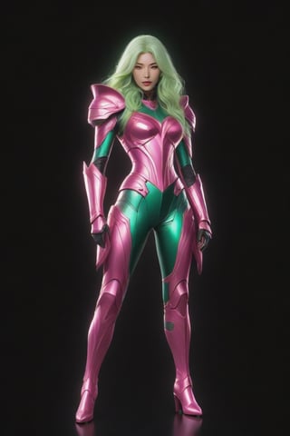 8k realistic image of tall and slim woman, perfect chest, slim waist, ((long wavy green hair)). ((metallic pink andromeda shun armor from neck to waist, without shoulder pads)), ((metallic pink armor that covers the upper arm and extends over the shoulder)), ((metallic pink helmet))