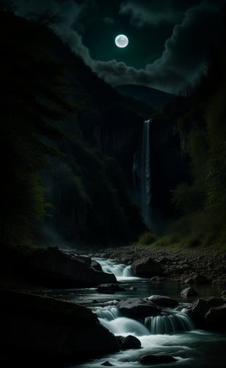 at night, beautiful waterfall between mountains, torrent of falling water, fantasy atmosphere, green environment, river, moonlit, good lighting, photorealistic image, masterpiece, high quality, sharp focus