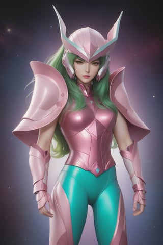 8k realistic image of tall and slim woman, perfect chest, slim waist, ((long wavy green hair)). ((metallic pink andromeda shun armor from neck to waist, without shoulder pads)), ((metallic pink armor that covers the upper arm and extends over the shoulder)), ((metallic pink helmet))