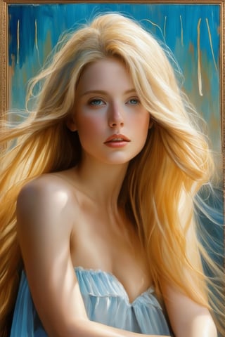 A luminous blonde maiden sits elegantly, her tresses cascading like golden waves around her face, illuminating her porcelain skin and brightening her features. Behind her, Daniel Gerhartz's abstract watercolor piece 'Rain' radiates vibrant hues, its bold strokes creating a striking contrast with the serene atmosphere. The subject's gentle gaze meets the viewer's, inviting intimacy.