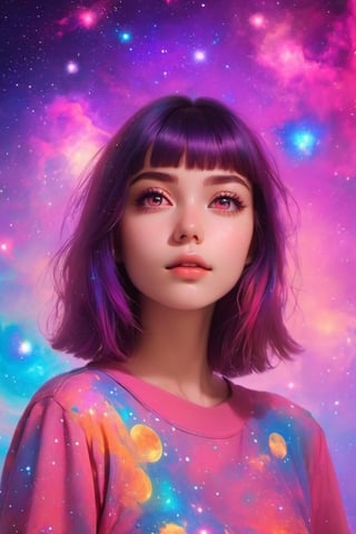 a detailed photo of a pretty girl with cosmic stars in her and colorfull cosmic back ground,Monster,pturbo,aw0k euphoric style