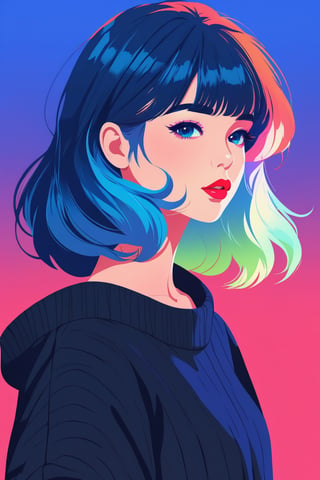 shadow flat vector art, illustrator, anime , realistic ,sketch , 1girl, ,lip, Sweater,order, Blue gradient background, Neon hair,Textured crop