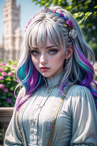 1 girl, silver-white hair, straight line cut bangs, flowers, outdoor, sky, extreme detailed, realistic, solo, beautifully detailed eyes, detailed fine nose, detailed fingers,
(masterpiece, top quality, best quality, official art, beautiful and aesthetic:1.2),(1girl:1.4), portrait,,extreme detailed,(fractal art:1.3),(colorful:1.5),highest detailed,(aristocracy:1.5),Anne