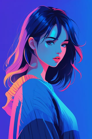 shadow flat vector art, illustrator, anime , realistic ,sketch , 1girl, ,lip, Sweater,order, Blue gradient background, Neon hair,Textured crop