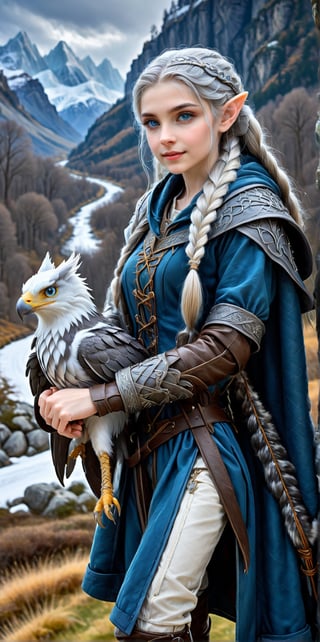 Extreme detailed,ultra Realistic,
beautiful young ELF lady,platinum silver shining hair, long elvish braid, side braid, blue-grey eyes,elf ears,(carries a beautiful hawk on arm:1.2),
Wearing leather tunic, hooded cloak, animal fur hood, intricate clothing, animal fur clothing, dark clothing, waistband, scarf, soft smile, bending posture, looking into the distance, 
snowy mountain scenery, overlooking valley, river, white clouds, seen from behind,ol1v1adunne