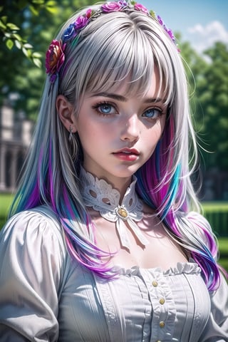 1 girl, silver-white hair, straight line cut bangs, flowers, outdoor, sky, extreme detailed, realistic, solo, beautifully detailed eyes, detailed fine nose, detailed fingers,
(masterpiece, top quality, best quality, official art, beautiful and aesthetic:1.2),(1girl:1.4), portrait,,extreme detailed,(fractal art:1.3),(colorful:1.5),highest detailed,(aristocracy:1.5),Anne