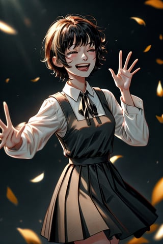 masterpiece, best quality, highres, 1girl short hair, white shirt black dress neck ribbon  laughing, open mouth, waving good bye,1girl short hair,1 girl