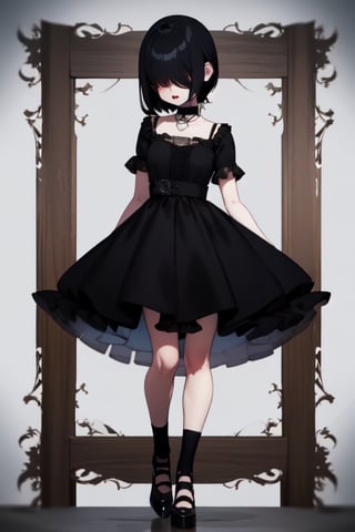 Lucy_loud, goth_girl, cartoon, black_dress, black_hair, Hair over eyes, 