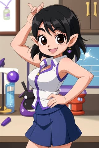 teenage girl with medium hair, black color, brown eyes,  , 2 arms, :) ,smile, blink 1 eye,sexy_race_queen,shizuku_murasaki ,Science Fiction,chibi,frieza,DBSuper Style,princess zelda,Lucy_Heartfilia