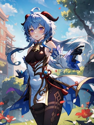 ganyu \(genshin impact\), chibi, pvc, render, 1girl, ahoge, bangs, bare shoulders, bell, black gloves, black pantyhose, ((blue hair)), blush, breasts, chinese knot, detached sleeves, flower knot, gloves, horns, long hair, looking at viewer, small breasts, neck bell, outdoors, pantyhose, purple eyes, sidelocks, solo, tassel, white sleeves, ((masterpiece)),chibi