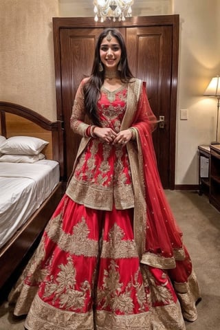 Lovely cute young attractive teenage girl, city girl, 18 years old, cute, an Instagram model, long black_hair, colorful hair one side, shy smile, black red salwar kameez, in hotel rooms with boyfriend ,indian_bride