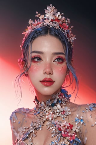 platinum theme, magazine, portrait, colorful hair, jewelry, close up, ultra high res,(realistic:1.4)),deep shadow,(best quality, masterpiece), dimly lit, shade, flustered, blush, highly detailed, makeup, flower, simple background, depth of field, film grain, fashion_girl