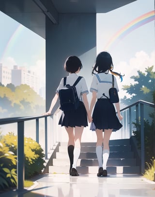 Masterpiece, Top Quality, High Definition, Artistic Composition, 2 Girls, Walking, High School, Uniform, Summer Uniform, School Walk, Stairs, Sideways, Talking, Looking Away, Big Waving, Student Bag, Blue Sky, After Rain, Big Rainbow, Beautiful Light, Dramatic