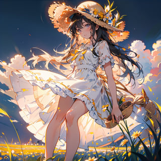 Masterpiece, top quality, high definition, artistic composition, 1 girl, chamomile field, white dress, straw hat, squinting and smiling, from below, looking away, straw hat held down by hand, spinning, bold composition, beautiful light