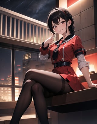 Masterpiece, Top Quality, High Definition, Artistic Composition,1 girl, red sailor suit, sitting cross-legged, from front, battle dress, braids, devilish smile, thumbs up, evening darkness, city lights, black pantyhose, stylish sword, high contrast