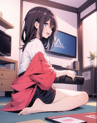 Masterpiece, Top Quality, High Definition, Artistic Composition,1 girl, Japanese living room, indian style, sitting, playing video game, NES, small CRT TV, dark room, portrait, gamepad in hand, open mouth smiling, 1990 Japan, from side , T-shirt, shorts, holding out gamepad