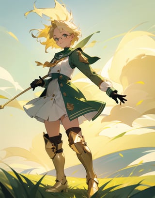 Masterpiece, Top Quality, High Definition, Artistic Composition,1 girl, green sailor-like battle dress, holding stylish spear, wind blowing, green meadow, short blond hair, gold-rimmed round glasses, warrior, fantasy, white and gold boots, bold composition, smiling,photograph,girl