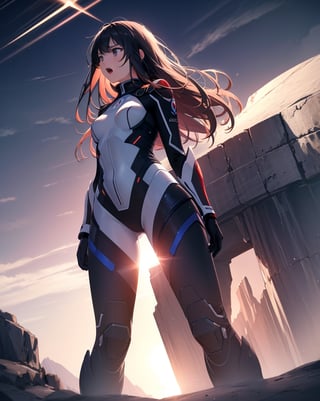 (masterpiece, top quality), high definition, artistic composition, 1 girl, standing on cliff, driver suit, from below, right hand reaching forward, looking away, backlit, powerful, screaming, bold composition