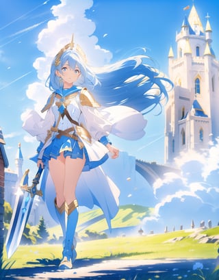 Masterpiece, Top Quality, High Definition, Artistic Composition,1 girl, blue sailor-like battle dress, stylish sword at the ready, wind blowing, clear sky, long light blue hair, gold hair ornament, warrior, fantasy, white tights, long white boots, old castle, bold composition