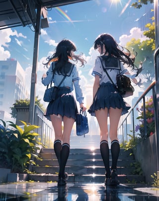 Masterpiece, Top Quality, High Definition, Artistic Composition, 2 Girls, Walking, High School, Uniform, Summer Uniform, School Walk, Stairs, Sideways, Talking, Looking Away, Big Waving, Student Bag, Blue Sky, After Rain, Big Rainbow, Beautiful Light, Dramatic