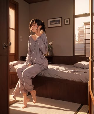 Masterpiece, Top Quality, High Definition, Artistic Composition, 1 girl, loungewear, bedroom, hanging out door, morning, sleepy, portrait, urban, Japan, sleepy, looking at me, yawning, mature, full body, backlit, wide shot,best quality