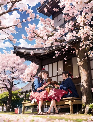 Masterpiece, top quality, high definition, artistic composition, two girls, big cherry blossom tree, cherry blossoms in full bloom, blue sky, striking clouds, sitting on ground, wariza, lunch box, having conversation, looking up at sky, Japanese countryside, from below, wide sky, wide shot, casual wear