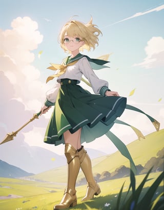 Masterpiece, Top Quality, High Definition, Artistic Composition,1 girl, green sailor-like battle dress, holding stylish spear, wind blowing, green meadow, short blond hair, gold-rimmed round glasses, warrior, fantasy, white and gold boots, bold composition, smiling,photograph