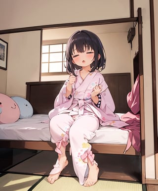 Masterpiece, Top Quality, High Definition, Artistic Composition, 1 girl, loungewear, bedroom, hanging out door, morning, sleepy, portrait, urban, Japan, sleepy, looking at me, yawning, mature, full body, backlit, wide shot,best quality