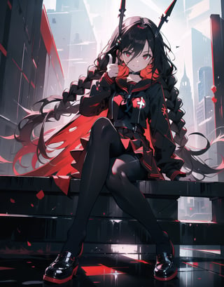 Masterpiece, Top Quality, High Definition, Artistic Composition,1 girl, red sailor suit, sitting cross-legged, from front, battle dress, braids, devilish smile, thumbs up, evening darkness, city lights, black pantyhose, stylish sword, high contrast