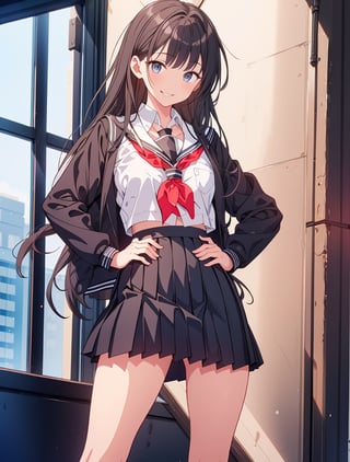 masterpiece, top quality, 1 girl, black sailor suit, school uniform, school uniform, urban, standing with legs spread, smirking, hands on hips, high definition