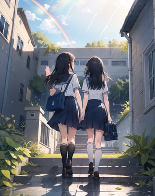 Masterpiece, Top Quality, High Definition, Artistic Composition, 2 Girls, Walking, High School, Uniform, Summer Uniform, School Walk, Stairs, Sideways, Talking, Looking Away, Big Waving, Student Bag, Blue Sky, After Rain, Big Rainbow, Beautiful Light, Dramatic