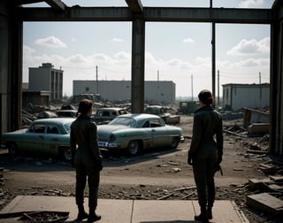 Masterpiece, top quality, artistic composition, realistic, 1 girl, fallout, VOLT suit, 1950s American residential neighborhood, ruins, post-nuclear war world, wide shot, bold composition, apocalypse, 1960s science fiction, dirty, filthy, decaying car, back view, vast ruins, retro feel, with Shepard dog,SD 1.5,<lora:659111690174031528:1.0>