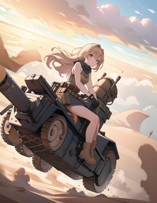 Masterpiece, Top Quality, High Definition, Artistic Composition,1 girl, girl on tank with arms and legs, battle dress, realistic weapon, desert, galloping, composition from above, Dutch angle, dust cloud