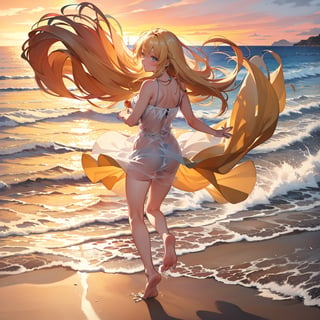 Masterpiece, top quality, high definition, artistic composition, 1 woman, running on the beach, frolicking, smiling, looking away, blonde hair blowing in the wind, feminine gesture, from the side, sandy beach, sunset, golden sea, beautiful light, striking, high contrast