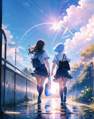 Masterpiece, Top Quality, High Definition, Artistic Composition, 2 Girls, Walking, High School, Uniform, Summer Uniform, School Walk, Stairs, Sideways, Talking, Looking Away, Big Waving, Student Bag, Blue Sky, After Rain, Big Rainbow, Beautiful Light, Dramatic