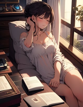 Masterpiece, Top Quality, High Definition, Artistic Composition,1 girl, living room, sleeping with face on table, (retro radio on table), sleeping with eyes closed, warm light, loungewear, hair tied back, pleasant