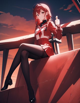 Masterpiece, Top Quality, High Definition, Artistic Composition,1 girl, red sailor suit, sitting cross-legged, from front, battle dress, braids, devilish smile, thumbs up, evening darkness, city lights, black pantyhose, stylish sword, high contrast