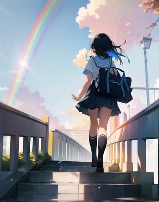 Masterpiece, Top Quality, High Definition, Artistic Composition, 2 Girls, Walking, High School, Uniform, Summer Uniform, School Walk, Stairs, Sideways, Talking, Looking Away, Big Waving, Student Bag, Blue Sky, After Rain, Big Rainbow, Beautiful Light, Dramatic