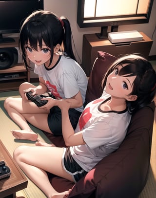 Masterpiece, Top Quality, High Definition, Artistic Composition,1 girl, Japanese living room, indian style, sitting, playing video game, NES, small CRT TV, dark room, portrait, gamepad in hand, open mouth smiling, 1990 Japan, from side , T-shirt, shorts, holding out gamepad