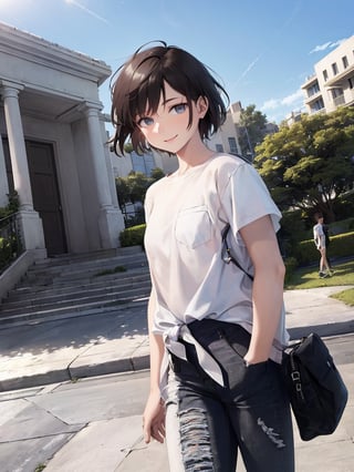 Masterpiece, best quality, 1 girl, boyish, short hair, white t-shirt, black jeans, smiling, backlit, park, high definition, walking, hands in pockets, feeling good, side angle, wind blowing, stoop