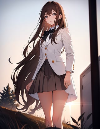 Masterpiece, Top Quality, High Definition, Artistic Composition,1 girl, brown hair, from below, standing on a hill, backlit, striking light, white blazer, school uniform, on her way to school, looking at me, black hair, long hair - standing tall, young lady, black ribbon, portrait, bold composition, Full Length