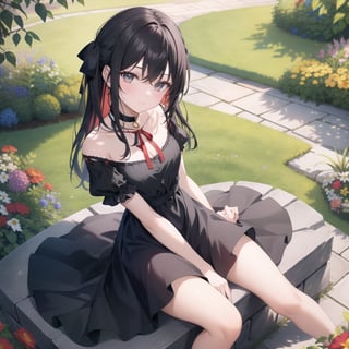 Masterpiece, Top Quality, High Definition, Artistic Composition,1 girl, black dress, red ribbon, choker, smiling, sitting on stone brick, from front, spread legs, hand between legs, from above, English garden, surrounded by colorful flowers