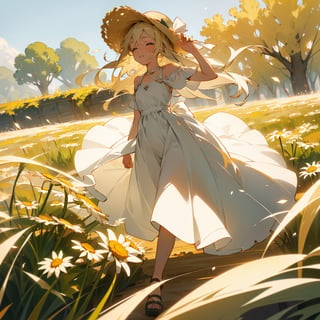 Masterpiece, top quality, high definition, artistic composition, 1 girl, girl running through chamomile field, white dress, straw hat, squinting and smiling, from the side, looking away, cute gesture, bold composition, beautiful light


,girl