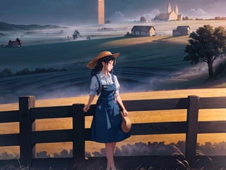 masterpiece, top quality, high definition, artistic composition, 1 girl, work clothes, denim apron, straw hat, driving red tractor, farmstead, morning, morning mist, backlight, dramatic, striking, sleepy, southern beauty, tower silo, pasture, wide shot, landscape, southern USA, chance encounter