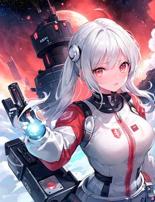 One girl, embarrassed, panicked, retro silver space suit, no helmet, retro silver ray gun, two handed, action pose, retro design, futuristic city on Mars, high definition, wide shot, red sky, artistic composition, close-up of face, weightless, floating upside down








